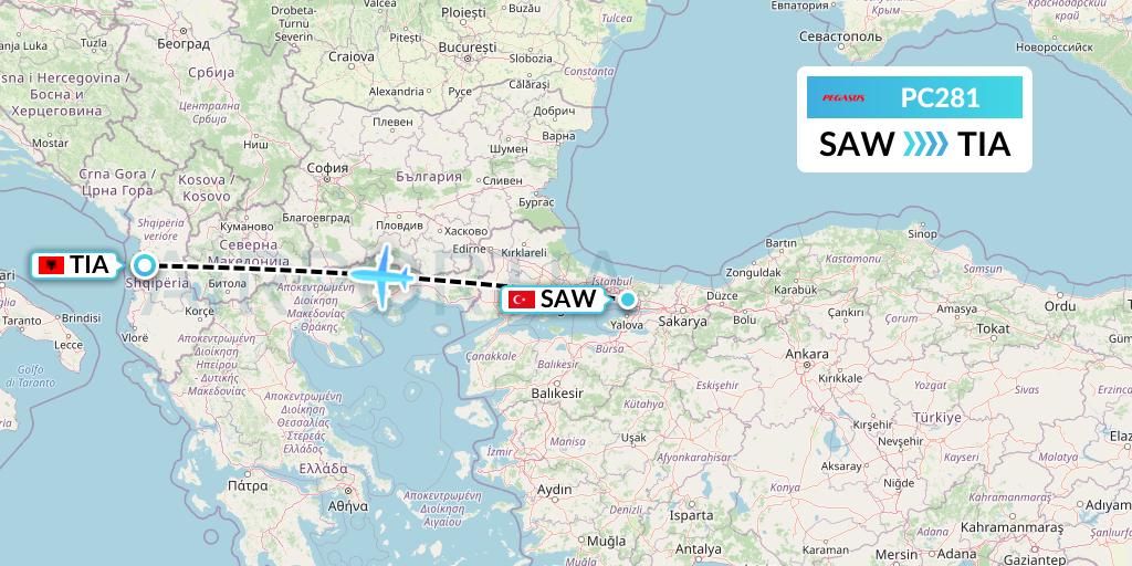 PC281 Pegasus Airlines Flight Map: Istanbul to Tirana