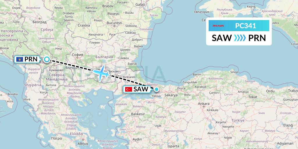 PC341 Pegasus Airlines Flight Map: Istanbul to Pristina