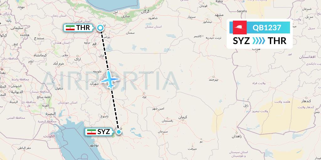 QB1237 Qeshm Airlines Flight Map: Shiraz to Tehran