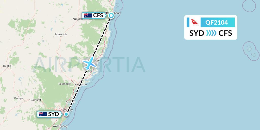 QF2104 Qantas Flight Map: Sydney to Coffs Harbour