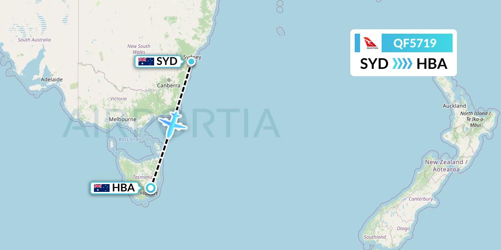 QF5719 Qantas Flight Map: Sydney to Hobart