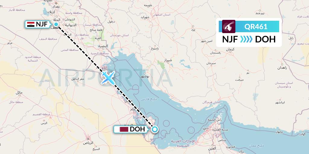 QR461 Qatar Airways Flight Map: Najaf to Doha