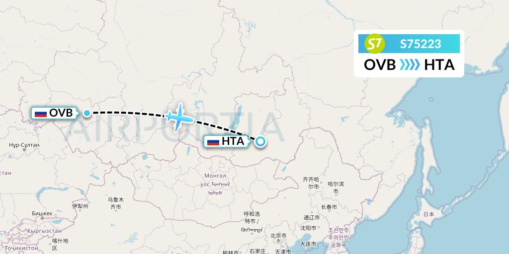 S75223 S7 Airlines Flight Map: Novosibirsk to Chita