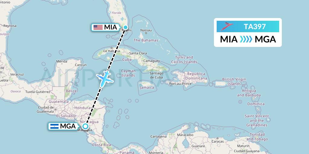 TA397 TACA Airlines Flight Map: Miami to Managua