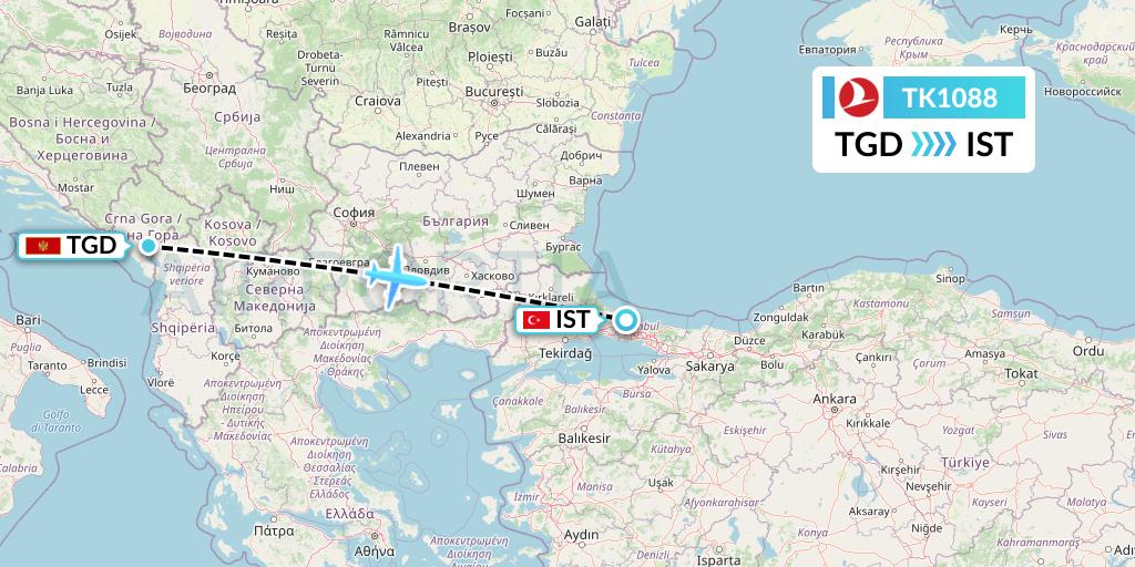 TK1088 Turkish Airlines Flight Map: Podgorica to Istanbul