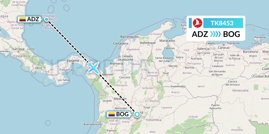 TK8453 Turkish Airlines Flight Map: San Andres Island to Bogota