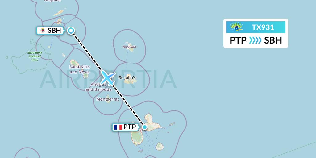TX931 Air Caraibes Flight Map: Pointe-a-Pitre to St. Jean