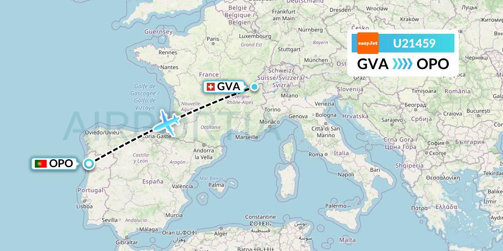 U21459 EasyJet Flight Map: Geneva to Porto