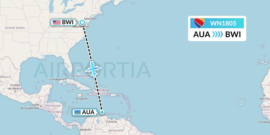 WN1805 Southwest Airlines Flight Map: Oranjestad to Baltimore
