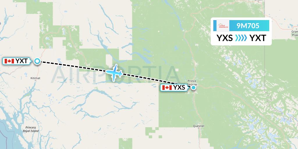 9M705 Central Mountain Air Flight Map: Prince George to Terrace