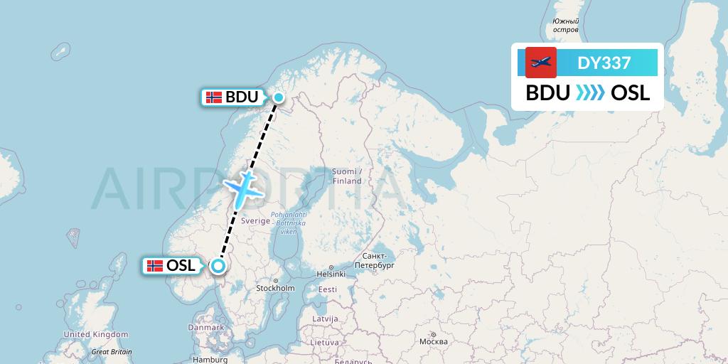 DY337 Norwegian Flight Map: Bardufoss to Oslo