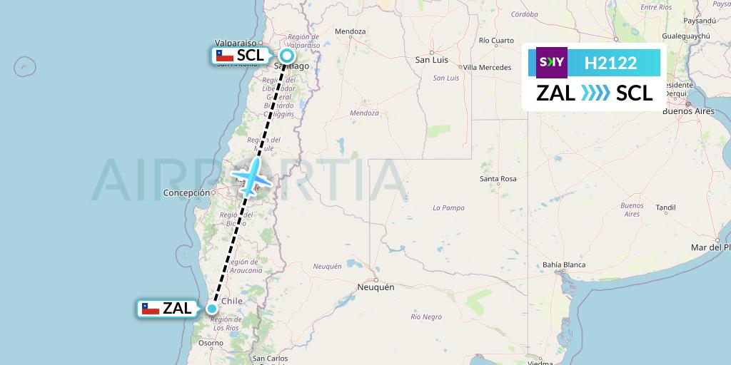 H2122 Sky Airline Flight Map: Valdivia to Santiago