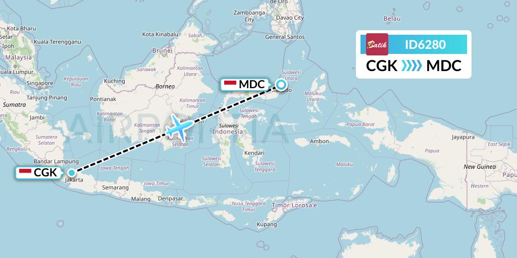 ID6280 Batik Air Flight Map: Jakarta to Manado