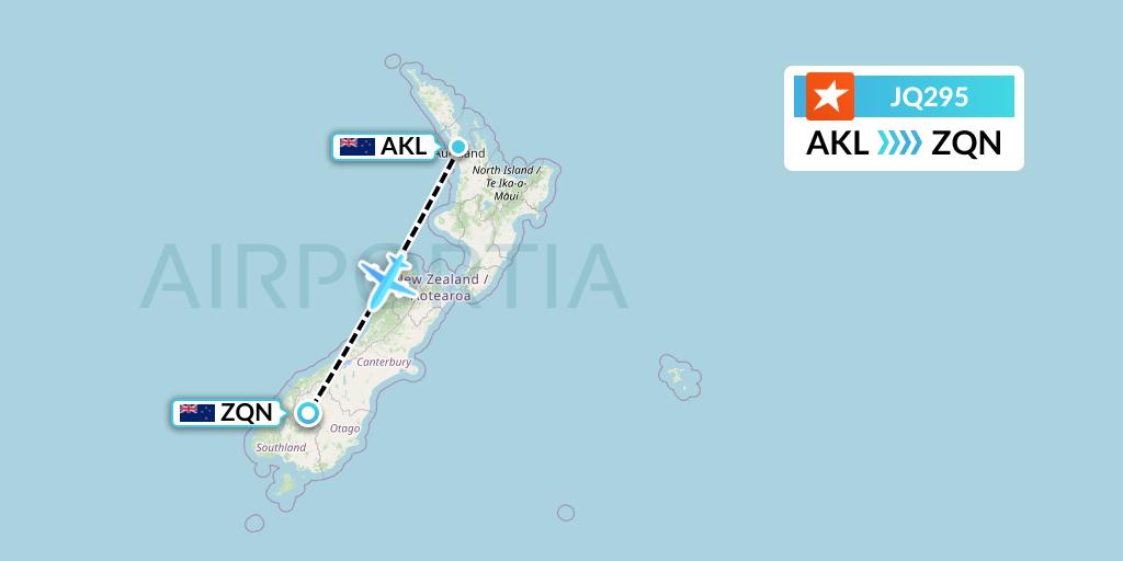JQ295 Jetstar Airways Flight Map: Auckland to Queenstown