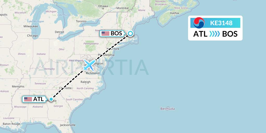 KE3148 Korean Air Flight Map: Atlanta to Boston