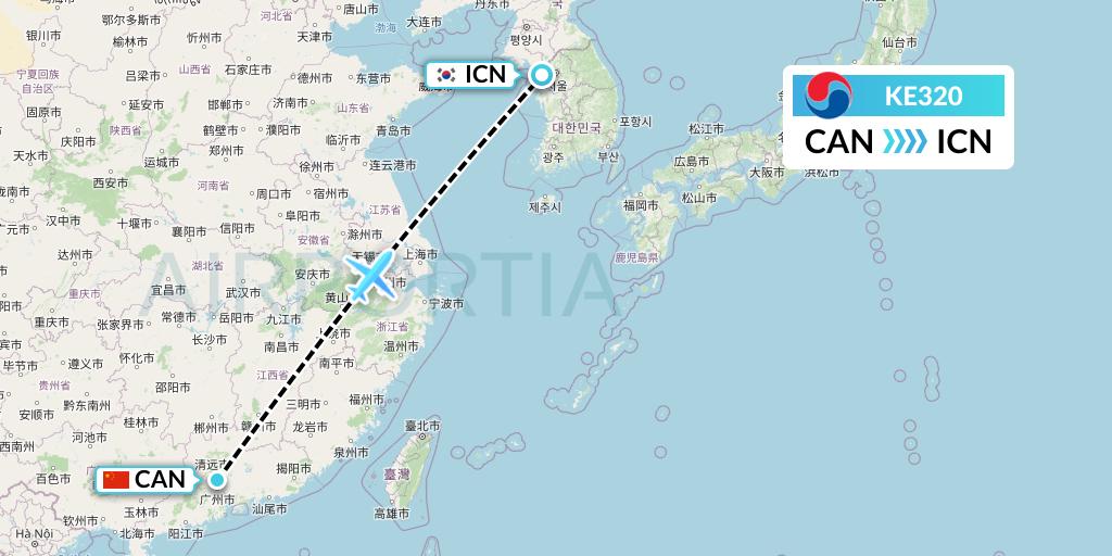 KE320 Korean Air Flight Map: Guangzhou to Seoul