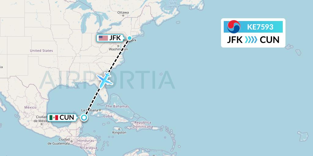 KE7593 Korean Air Flight Map: New York to Cancun