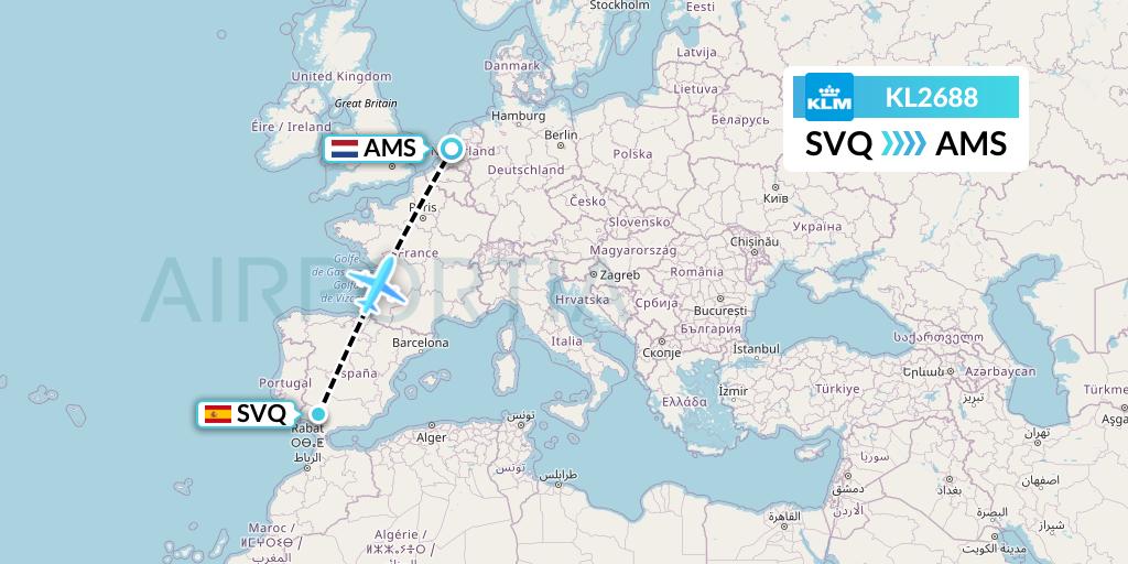KL2688 KLM Flight Map: Seville to Amsterdam