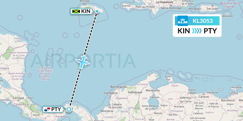 KL3053 KLM Flight Map: Kingston to Panama City