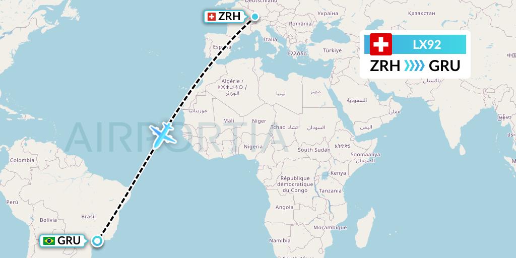 LX92 Swiss Flight Map: Zurich to Sao Paulo