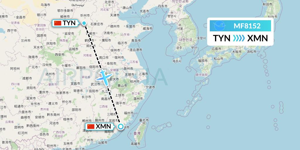 MF8152 Xiamen Airlines Flight Map: Taiyuan to Xiamen