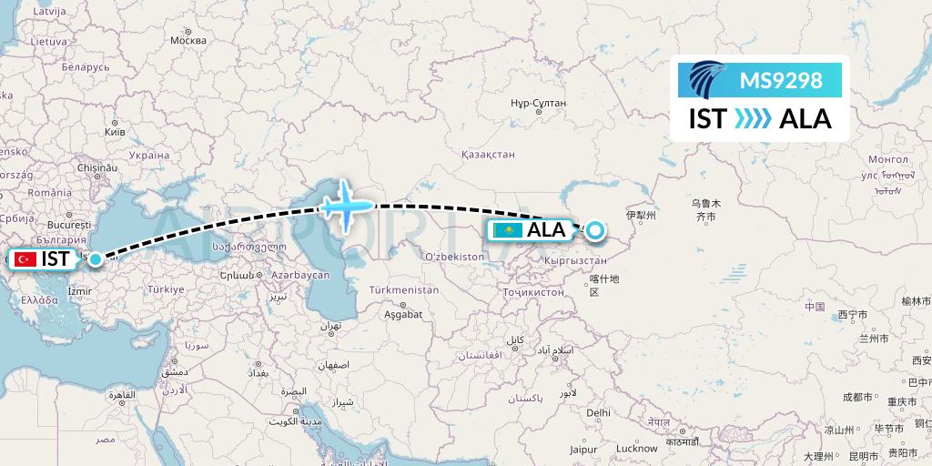 MS9298 EgyptAir Flight Map: Istanbul to Almaty