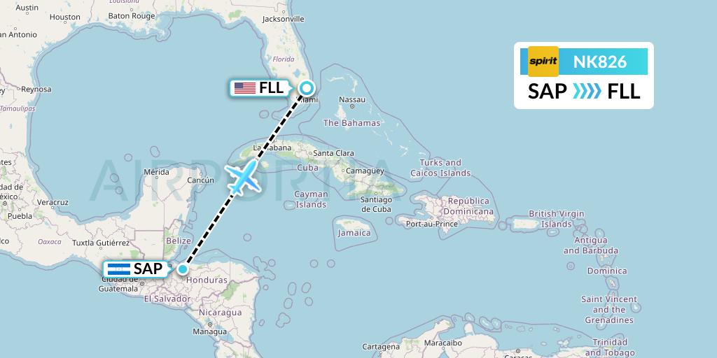 NK826 Spirit Airlines Flight Map: San Pedro Sula to Fort Lauderdale