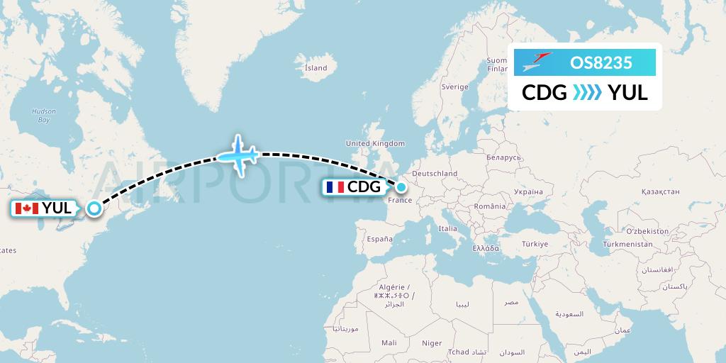 OS8235 Austrian Airlines Flight Map: Paris to Montreal