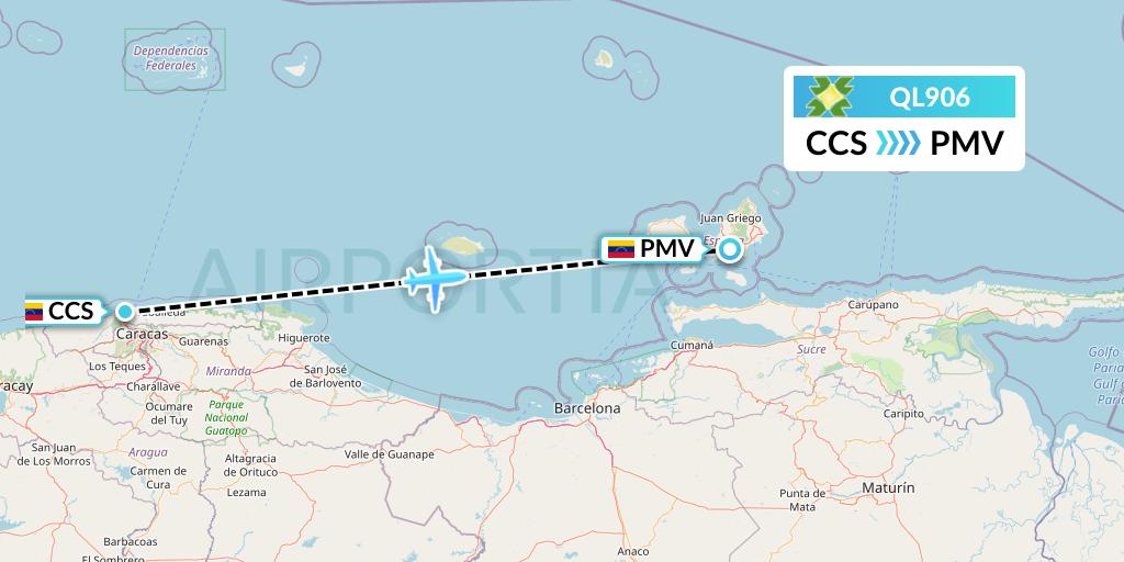 QL906 Laser Airlines Flight Map: Caracas to Porlamar