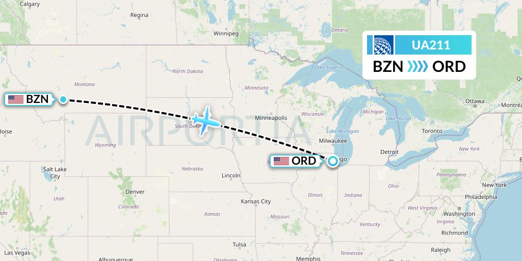 UA211 United Airlines Flight Map: Bozeman to Chicago