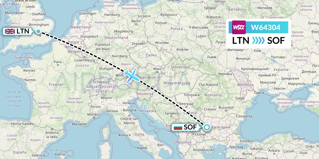 W64304 Wizz Air Flight Map: London to Sofia