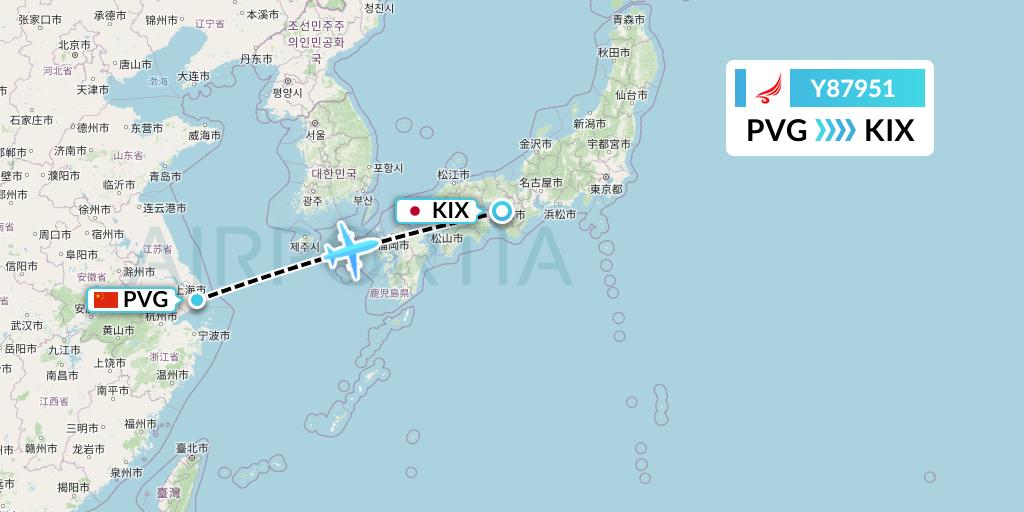 Y87951 Yangtze River Express Flight Map: Shanghai to Osaka