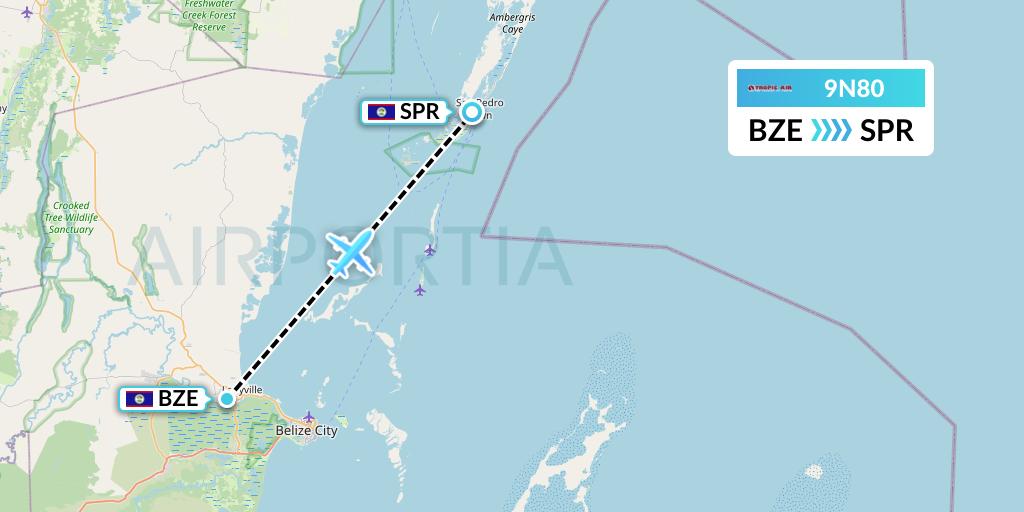 9N80 Tropic Air Flight Map: Belize City to San Pedro