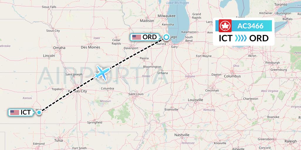 AC3466 Air Canada Flight Map: Wichita to Chicago