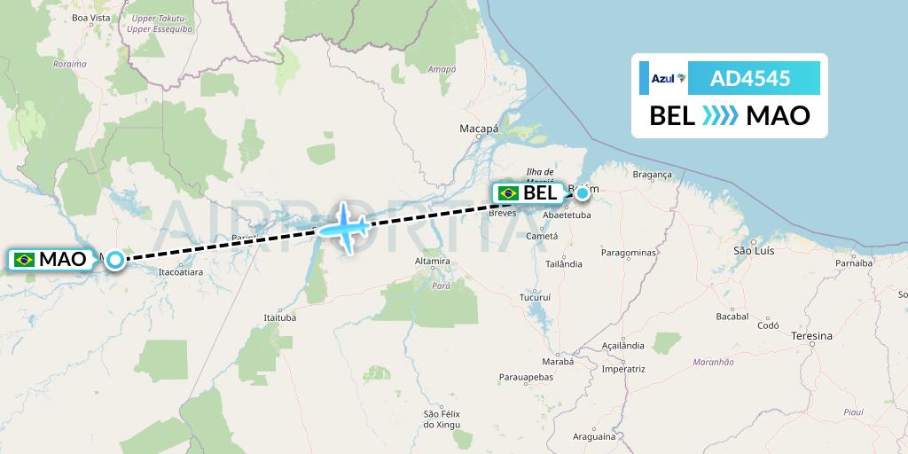 AD4545 Azul Brazilian Airlines Flight Map: Belem to Manaus