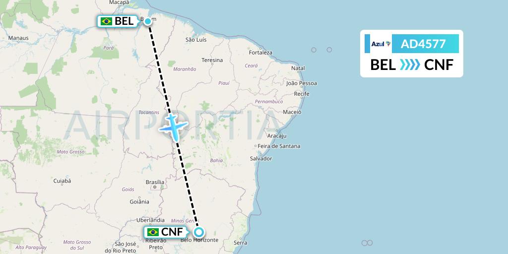 AD4577 Azul Brazilian Airlines Flight Map: Belem to Belo Horizonte