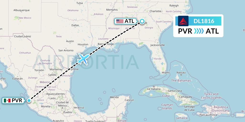 DL1816 Delta Air Lines Flight Map: Puerto Vallarta to Atlanta