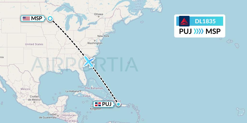 DL1835 Delta Air Lines Flight Map: Punta Cana to Minneapolis