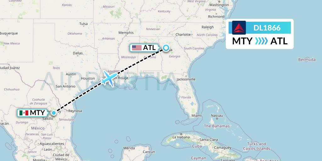 DL1866 Delta Air Lines Flight Map: Monterrey to Atlanta