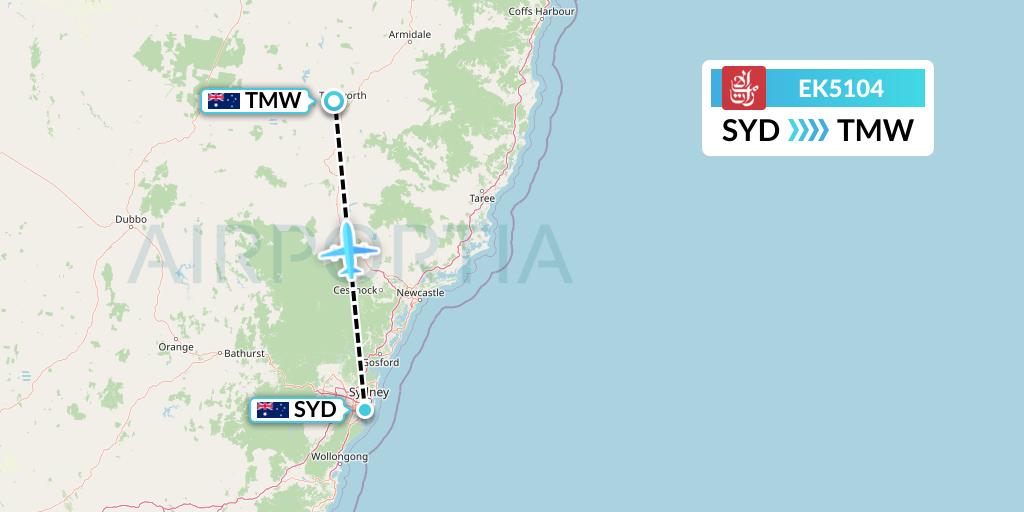 EK5104 Emirates Flight Map: Sydney to Tamworth