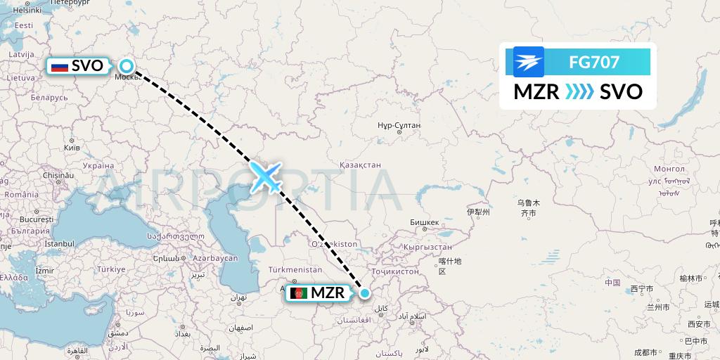 FG707 Ariana Afghan Airlines Flight Map: Mazar-I-Sharif to Moscow