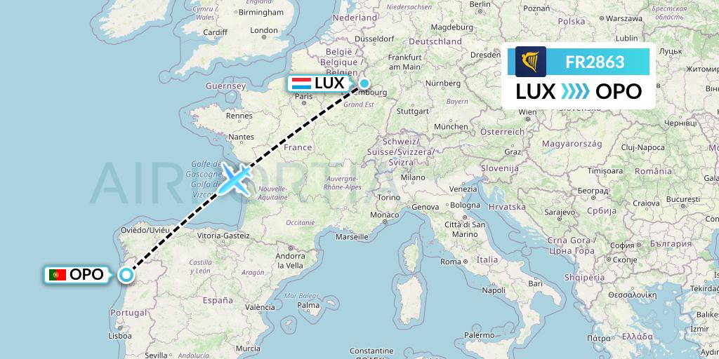 FR2863 Ryanair Flight Map: Luxembourg to Porto