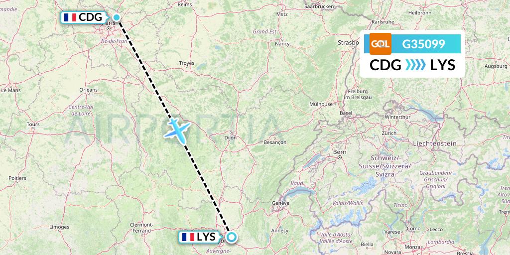G35099 GOL Transportes Aeros Flight Map: Paris to Lyon