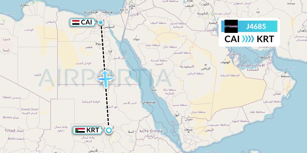 J4685 Badr Airlines Flight Map: Cairo to Khartoum