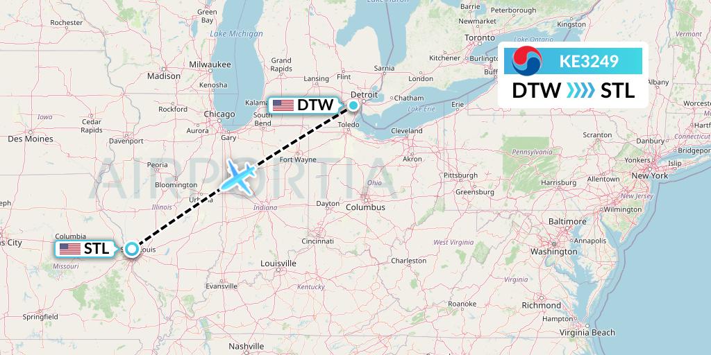 KE3249 Korean Air Flight Map: Detroit to St. Louis