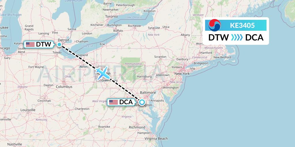 KE3405 Korean Air Flight Map: Detroit to Washington