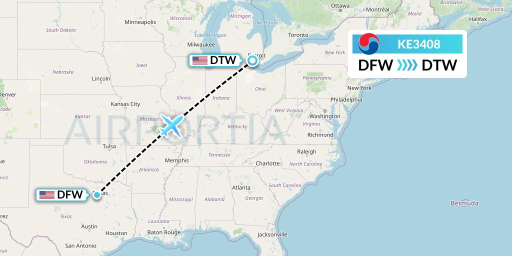 KE3408 Korean Air Flight Map: Dallas to Detroit