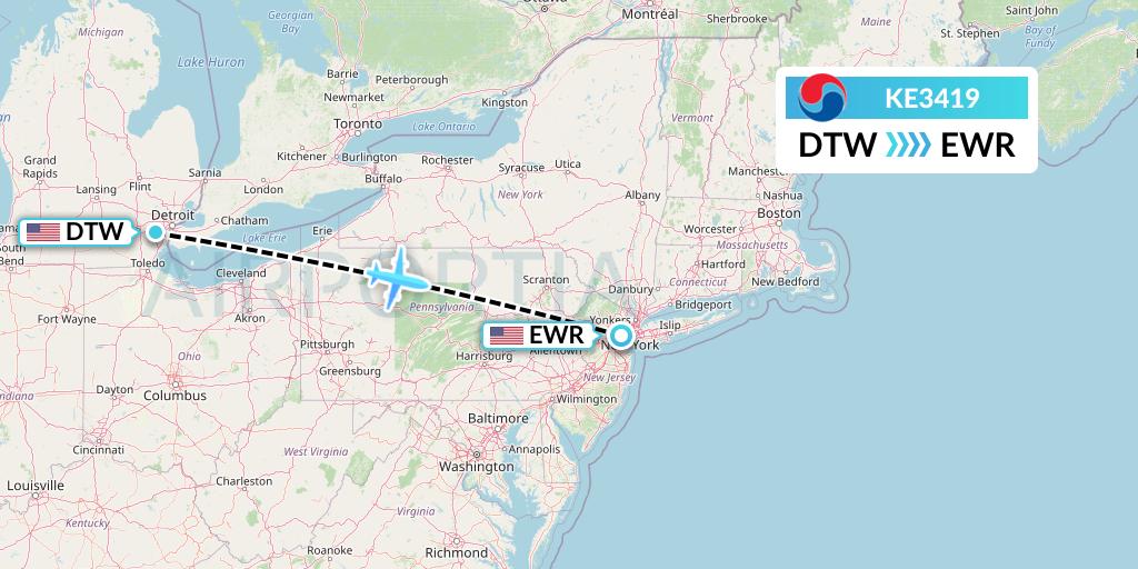 KE3419 Korean Air Flight Map: Detroit to New York