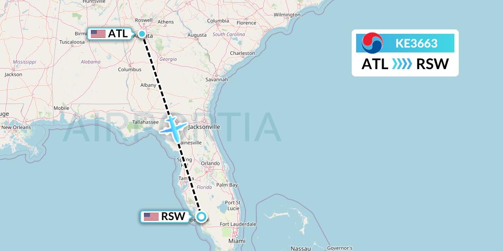 KE3663 Korean Air Flight Map: Atlanta to Fort Myers