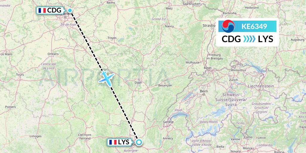 KE6349 Korean Air Flight Map: Paris to Lyon